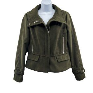 NEW Express Moto Jacket Olive Green Zip Up Military Long Sleeve Coat Large